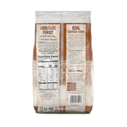 Bag of Heritage Flakes cereal with nutritional information and branding details.