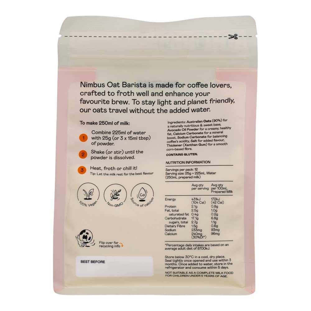 Nimbus Oat Barista packaging with instructions and nutritional information on a white background