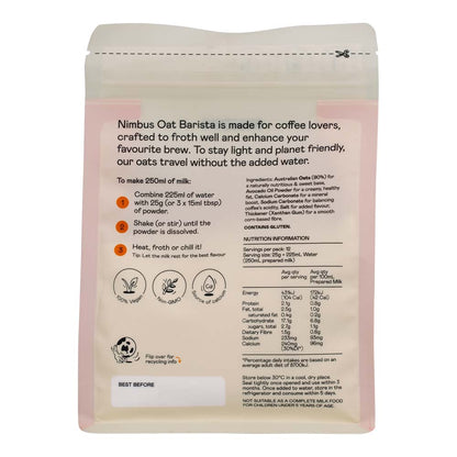 Nimbus Oat Barista packaging with instructions and nutritional information on a white background