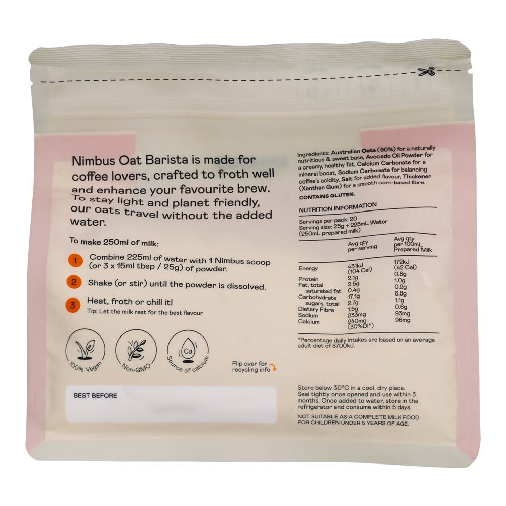 Nimbus Oat Barista packaging with nutritional information and usage instructions on a white background