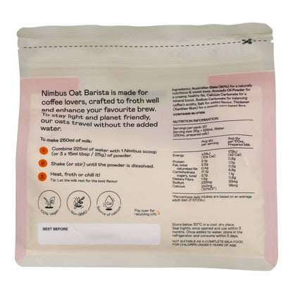 Nimbus Oat Barista packaging with nutritional information and usage instructions on a white background