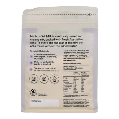 Nimbus Oat Milk packaging with nutritional information and usage instructions on a white background