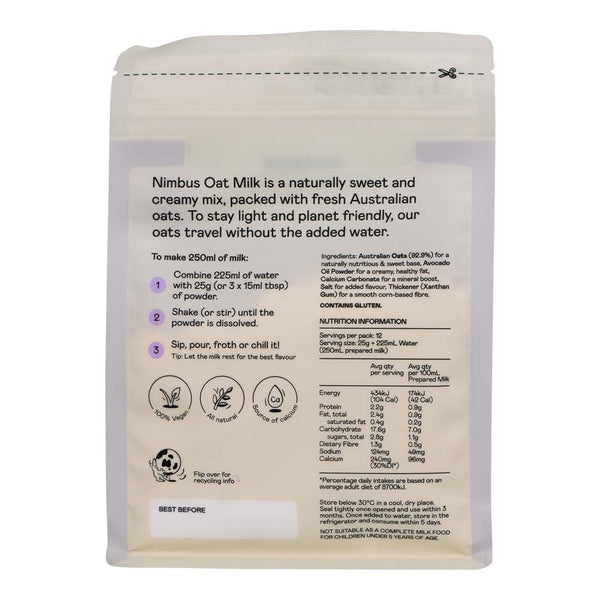 Nimbus Oat Milk packaging with nutritional information and usage instructions on a white background
