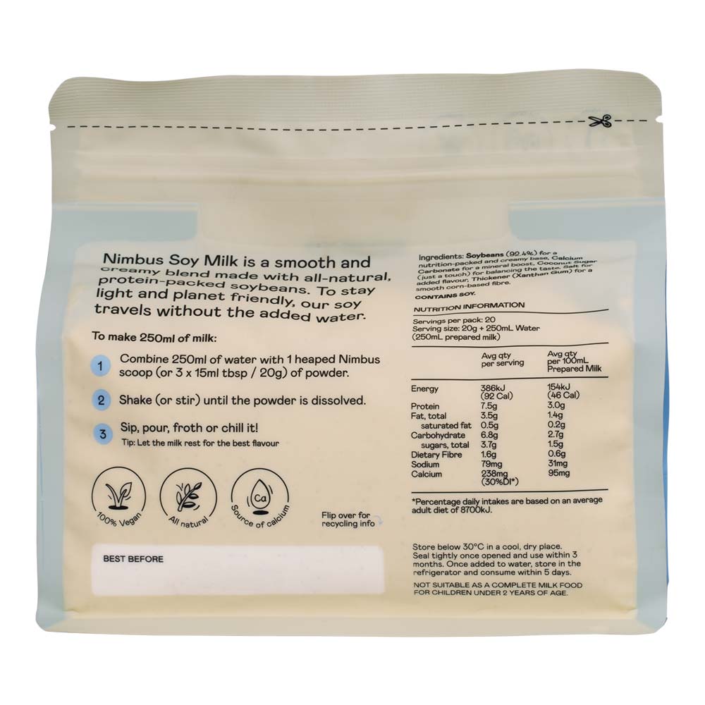 Nimbus Soy Milk packaging with nutritional information and usage instructions on a white background