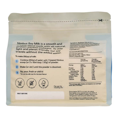 Nimbus Soy Milk packaging with nutritional information and usage instructions on a white background