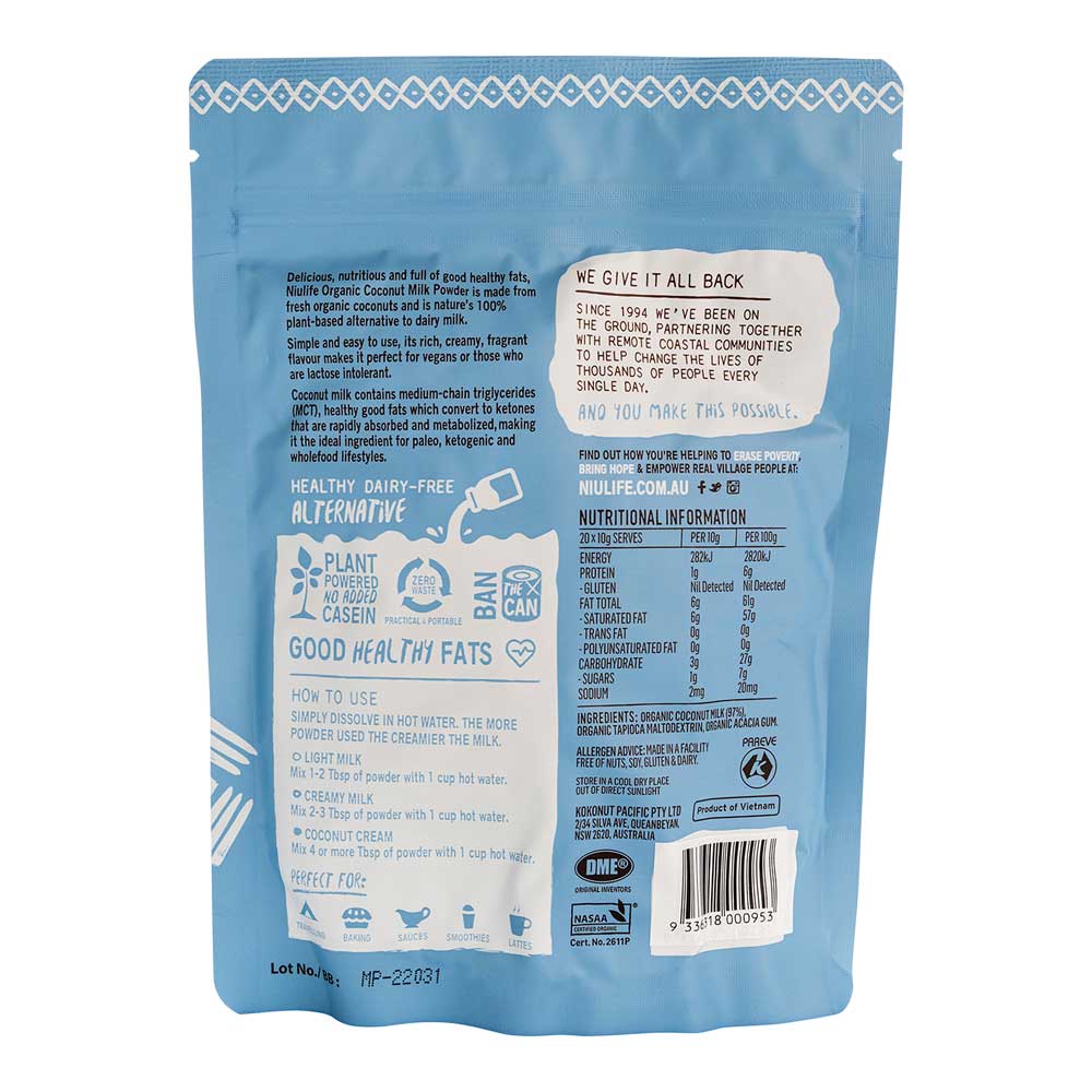 Back of a niulife coconut milk powder with text and icons on a white background