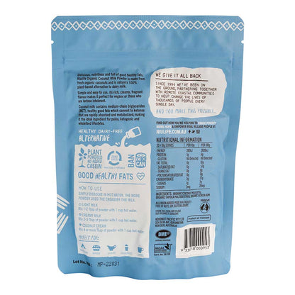 Back of a niulife coconut milk powder with text and icons on a white background