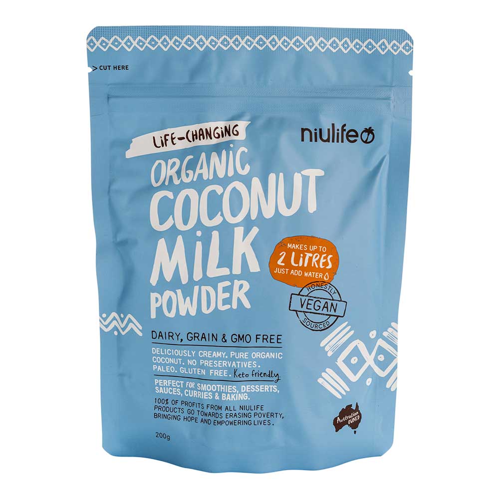 Niulife organic coconut milk powder package on a white background