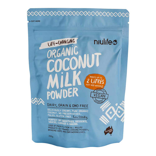 Niulife organic coconut milk powder package on a white background