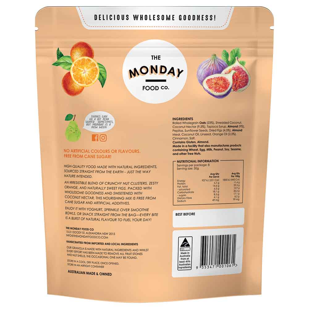 Back of a food packaging bag from The Monday Food Co. with ingredients, nutritional information, and branding details.