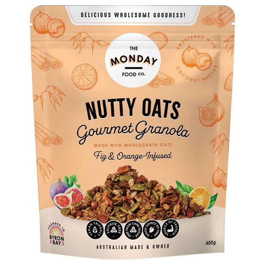 Package of Nutty Oats Gourmet Granola from The Monday Food Co. with fig and orange-infused flavor.