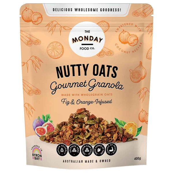 Package of Nutty Oats Gourmet Granola from The Monday Food Co. with fig and orange-infused flavor.