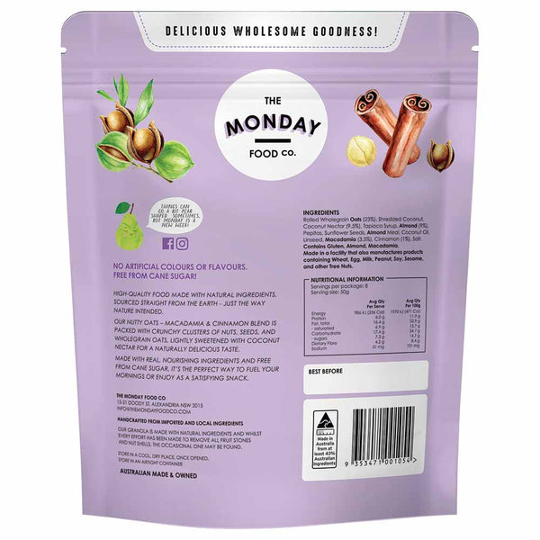 Back of a purple packaging for The Monday Food Co. product with text and branding.