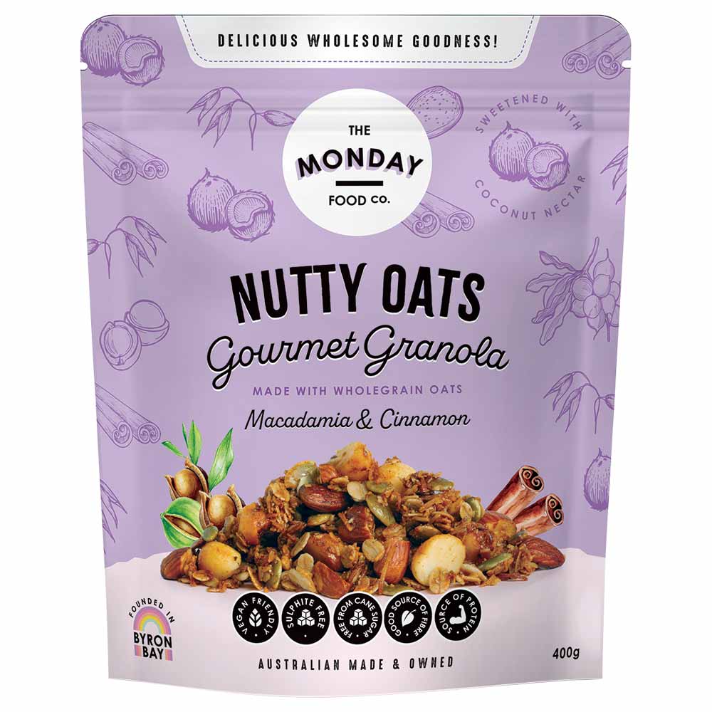 Purple package of Nutty Oats Gourmet Granola from The Monday Food Co.