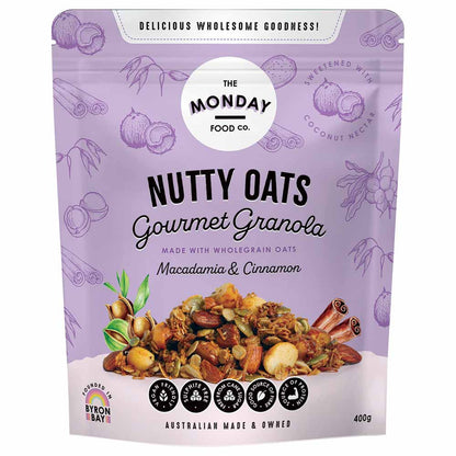 Purple package of Nutty Oats Gourmet Granola from The Monday Food Co.