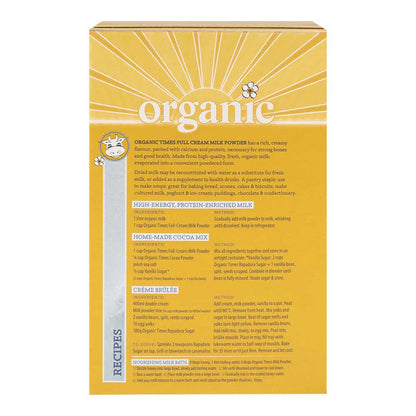 Yellow box of organic milk powder with text and branding