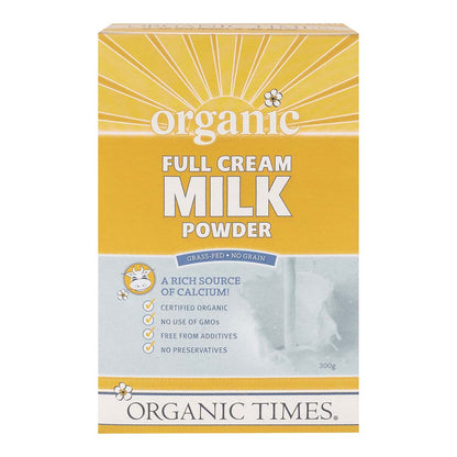 Box of Organic Times full cream milk powder on a white background