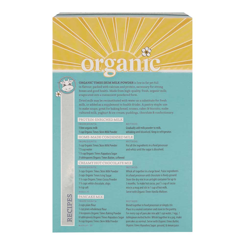 Box of organic times skim milk powder with text on a white background