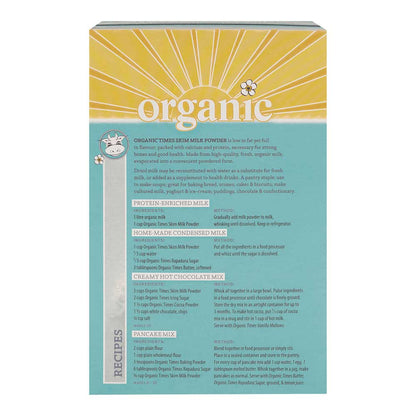 Box of organic times skim milk powder with text on a white background