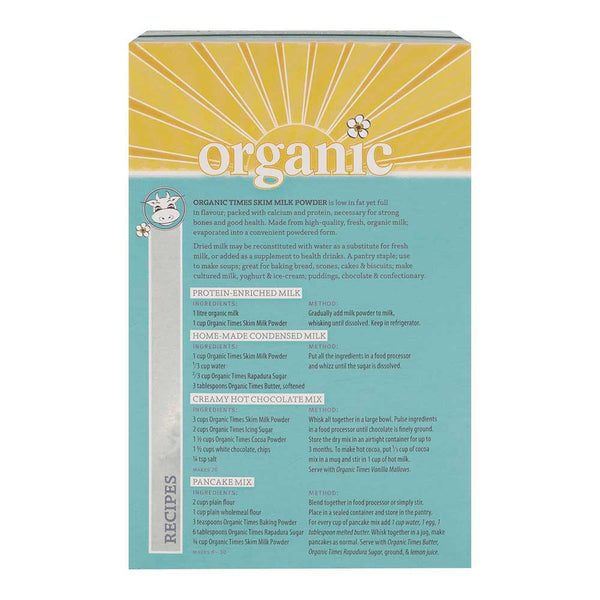 Box of organic times skim milk powder with text on a white background