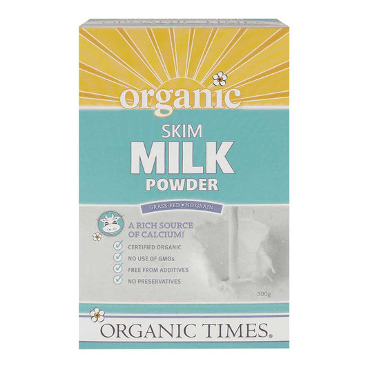 Box of Organic Times skim milk powder on a white background