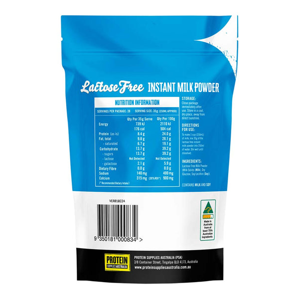 Lactose-free instant milk powder package with blue and white design