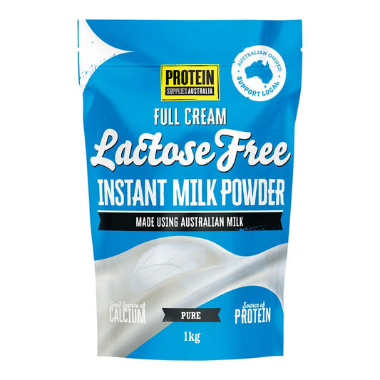 Package of Protein Supplies Australia lactose-free instant milk powder on a white background