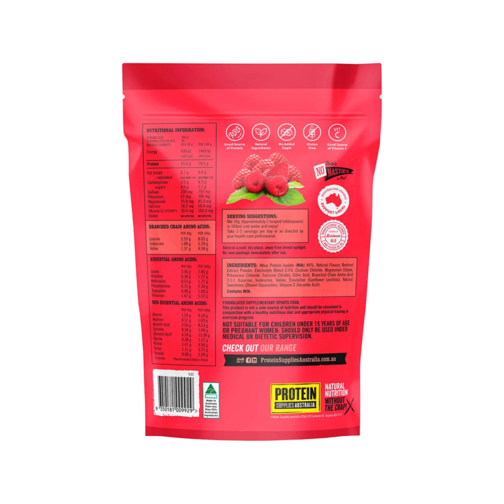 Red protein powder package with nutritional information on a white background