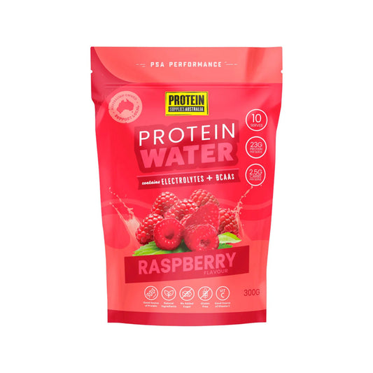 A package of PROTEIN SUPPLIES AUSTRALIA Protein Water in Raspberry flavor, with an image of the product and raspberries in the background.