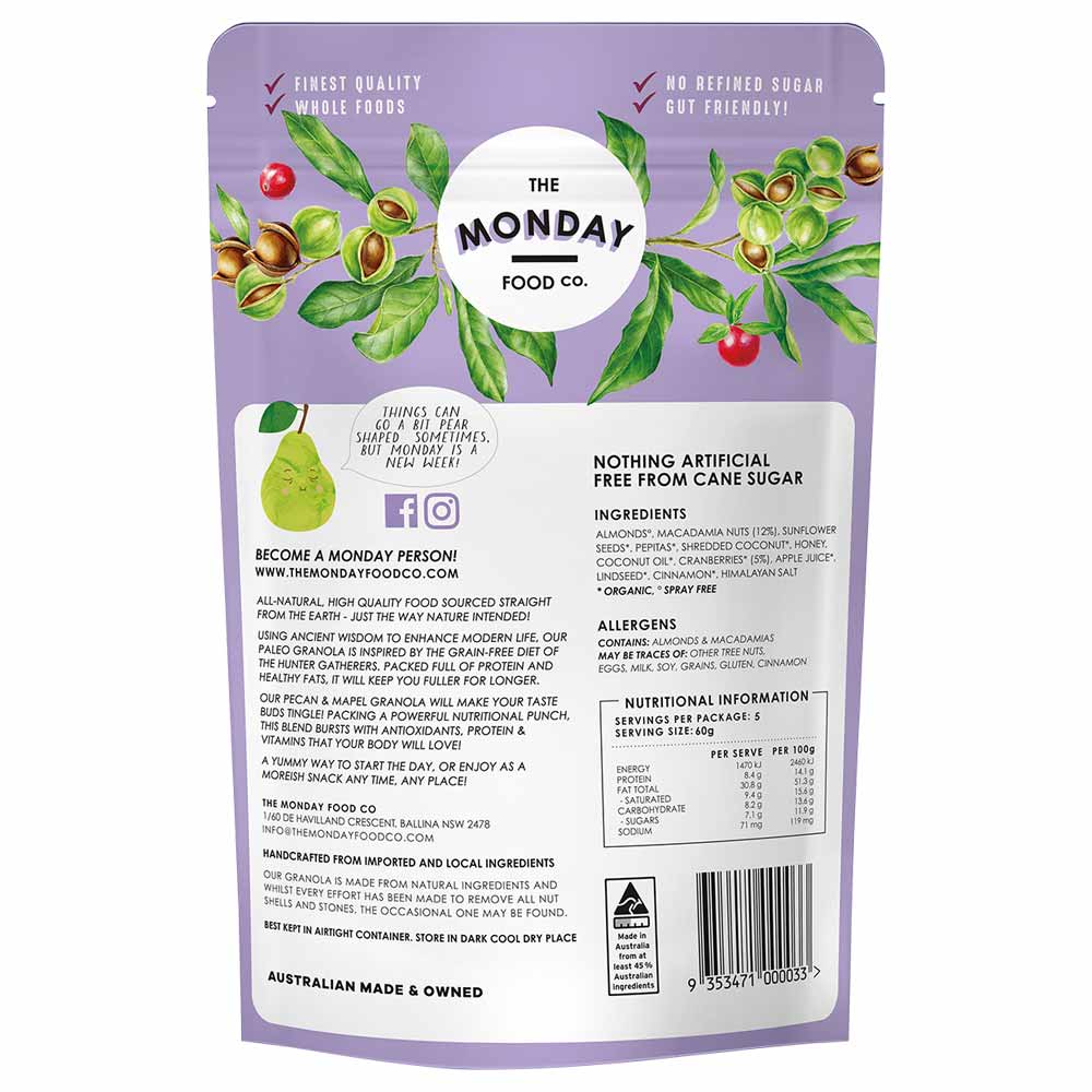 Back of a purple package from The Monday Food Co. with branding and text.