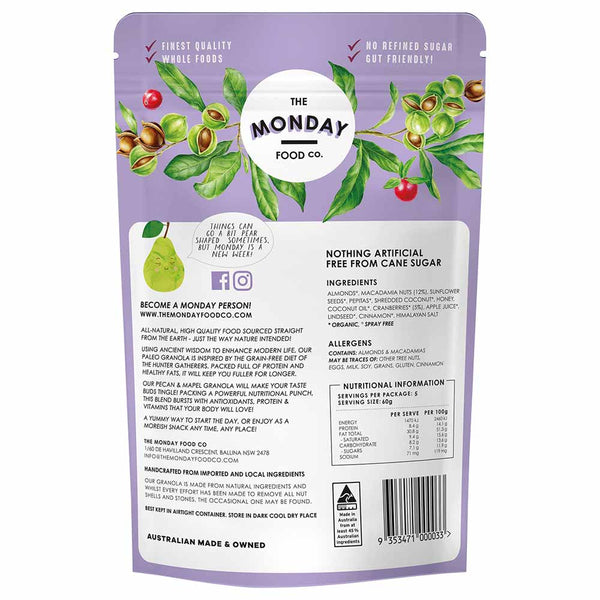 Back of a purple package from The Monday Food Co. with branding and text.