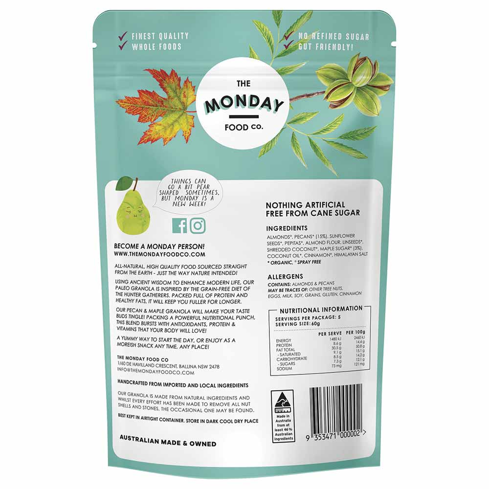 Back of a package from The Monday Food Co. with text and branding.