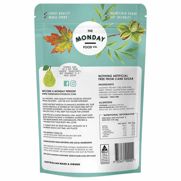 Back of a package from The Monday Food Co. with text and branding.