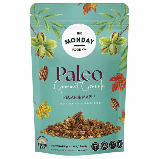 Package of Paleo Gourmet Granola with pecans and maple flavor on a white background