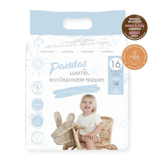 Package of eco-disposable nappies size 4 with a child on a chair, featuring awards on the packaging.