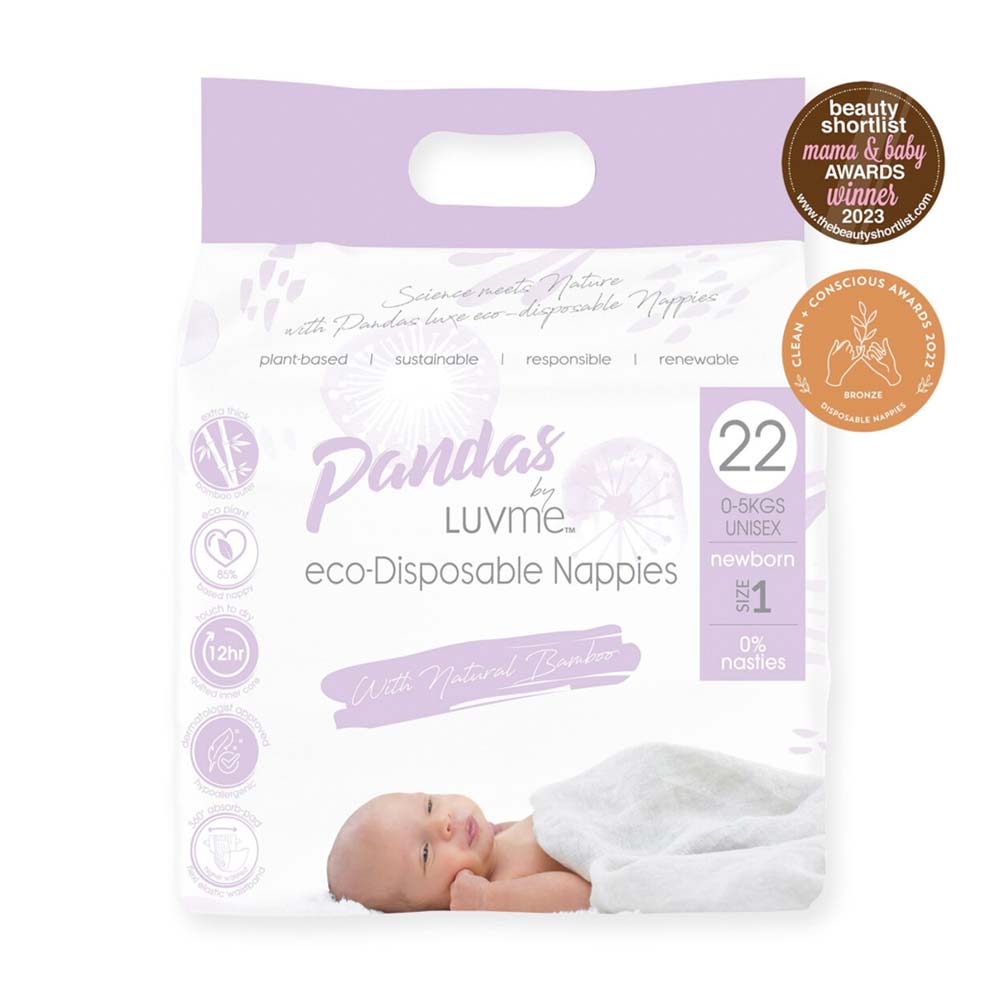 Package of eco-disposable newborn nappies size 1 by Luvme with a baby image on a white background