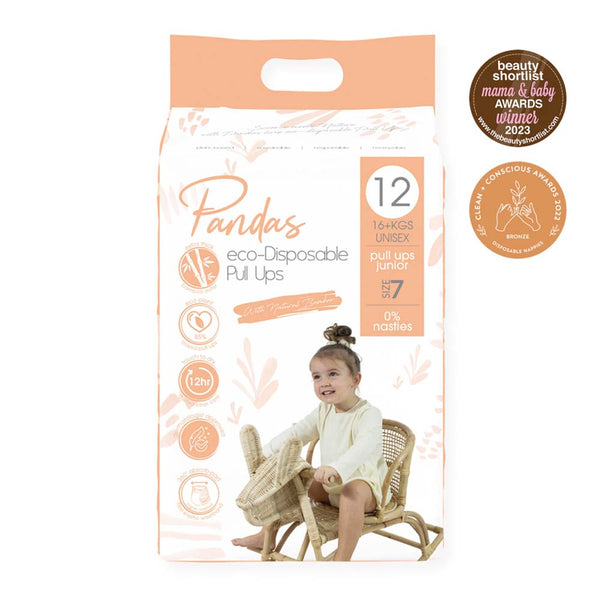 Pandas eco-disposable pull-ups size 7 packaging with a child on a chair, featuring awards on a white background.