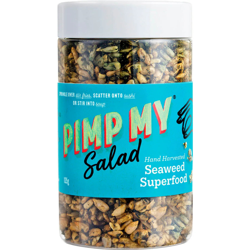 Jar of 'Pimp My Salad' hand harvested seaweed superfood with a blue label.