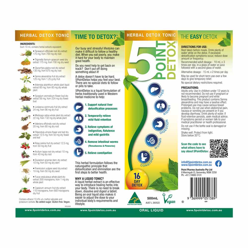 Herbal detox tonic packaging with text and graphics on a white background