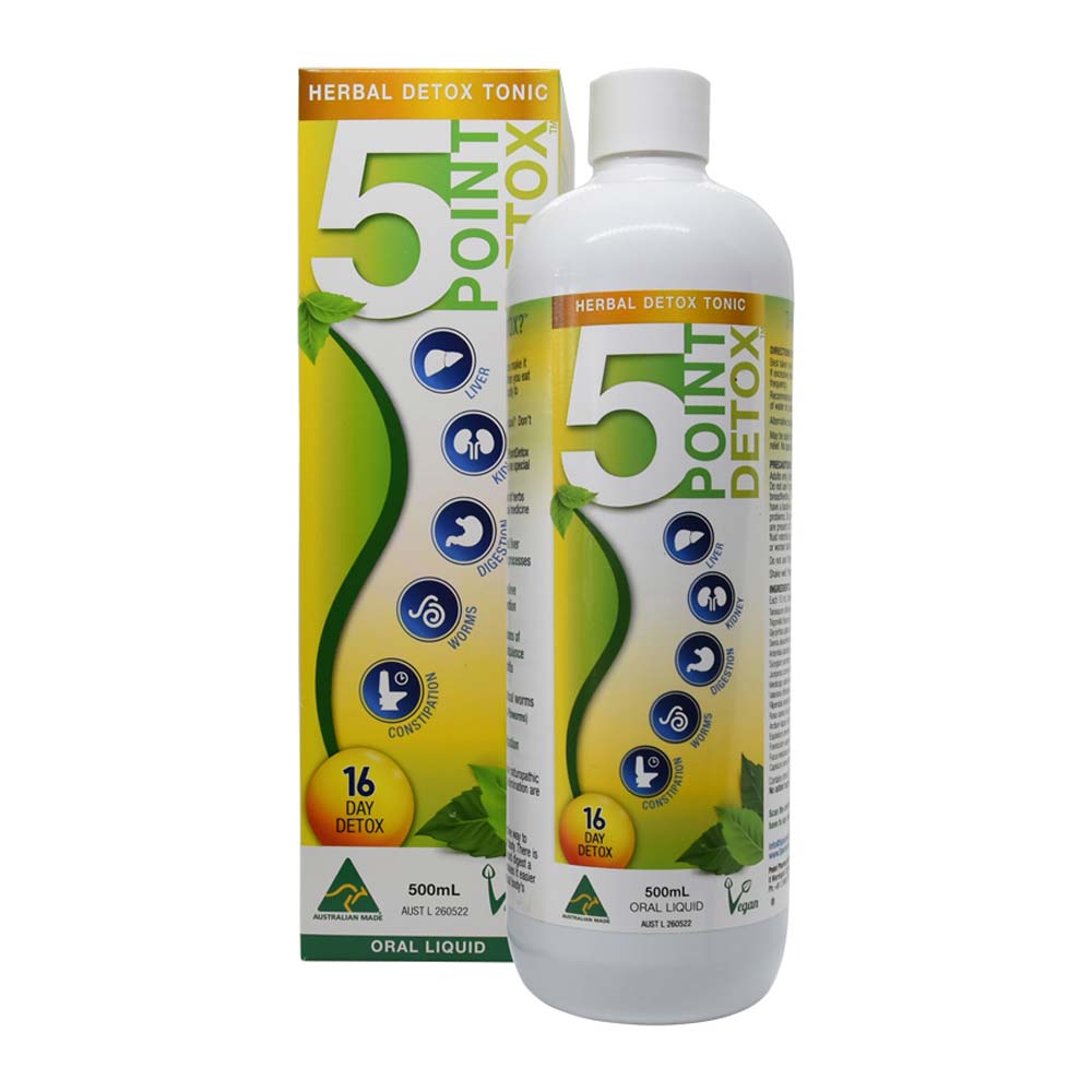 5 Point Detox herbal tonic bottle and packaging on a white background