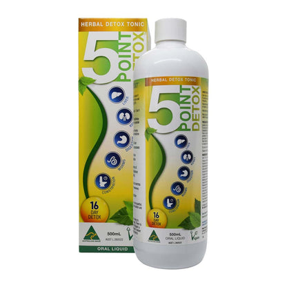 5 Point Detox herbal tonic bottle and packaging on a white background