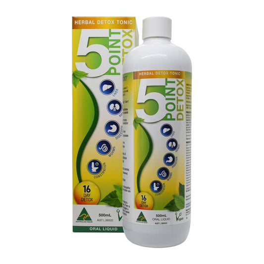 5 Point Detox herbal tonic bottle and packaging on a white background