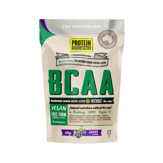 A package of Protein Supplies Australia BCAA powder in natural grape flavor, 200g, with branding and product information displayed.