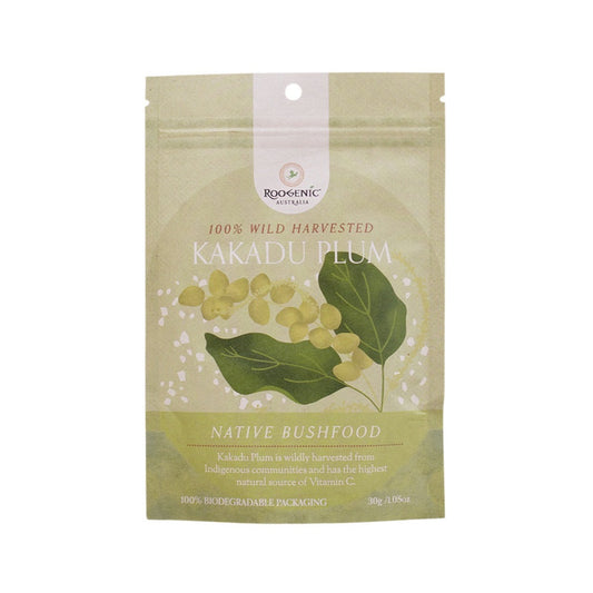 Kakadu Plum packaging with green leaves and text on a beige background