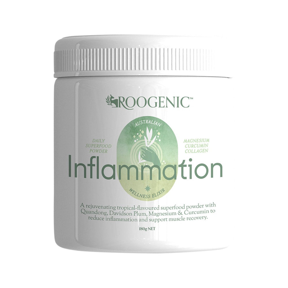 Roogenic Inflammation wellness powder container on a white background