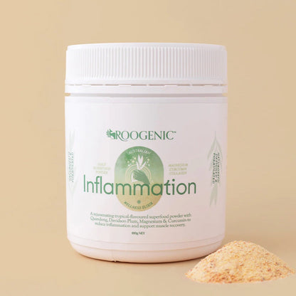 Roogenic Inflammation powder container on a beige background