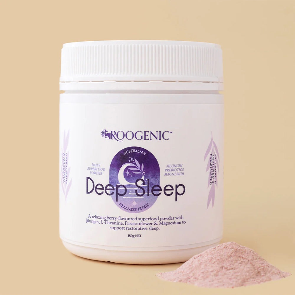 Roogenic Deep Sleep supplement container on a beige background