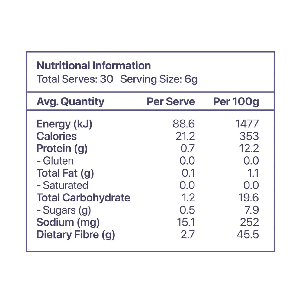 Nutritional information table for a Roogenic superfood deep sleep with serving size and total serves details.