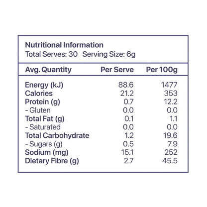 Nutritional information table for a Roogenic superfood deep sleep with serving size and total serves details.