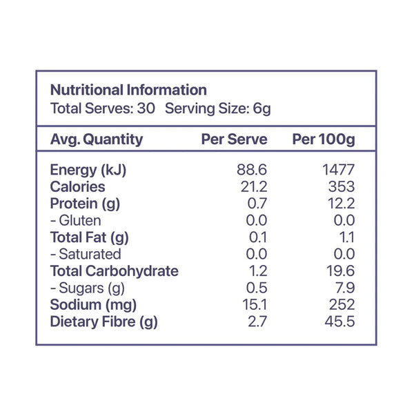 Nutritional information table for a Roogenic superfood deep sleep with serving size and total serves details.